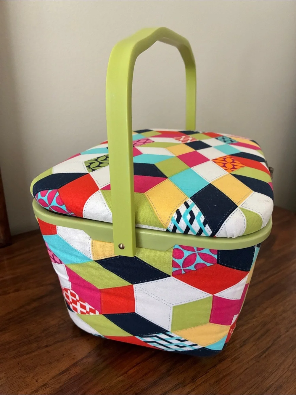 Vintage Style Multi-Color Geometric Fabric Sewing Basket W/Tray Pincushion